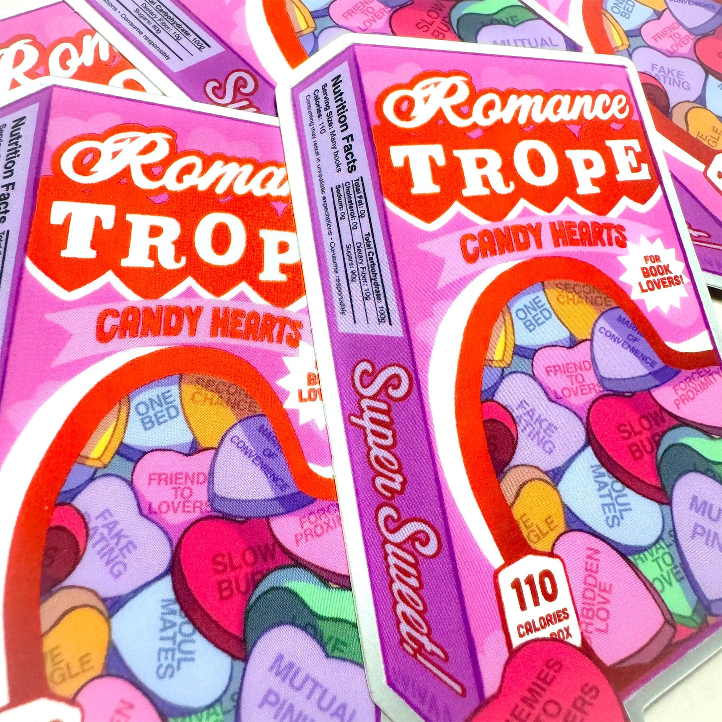Romance Trope Candy Hearts Box Matte, Mirror Kindle Sticker, Cute book stickers for kindle, Bookish Stickers for Romance Readers