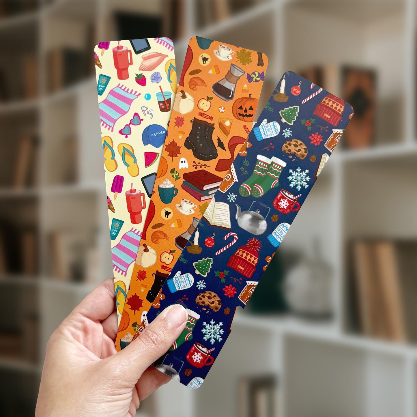 Seasonal Bookmarks Set, Hand drawn Fall, Winter & Summer Bookmarks, Cute and Colorful Bookmarks for Readers and Book Lovers