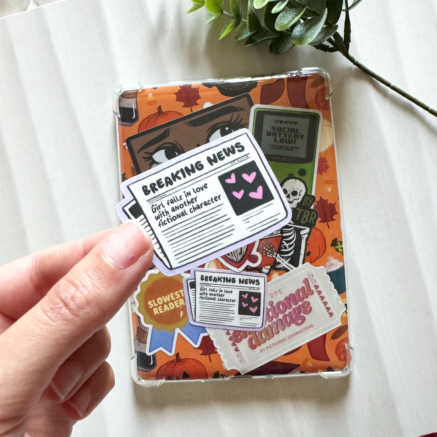 Breaking News Girl Falls In Love With Another Fictional Character Matte Sticker, Cute Book Stickers for Kindle, Bookish Romance Reader
