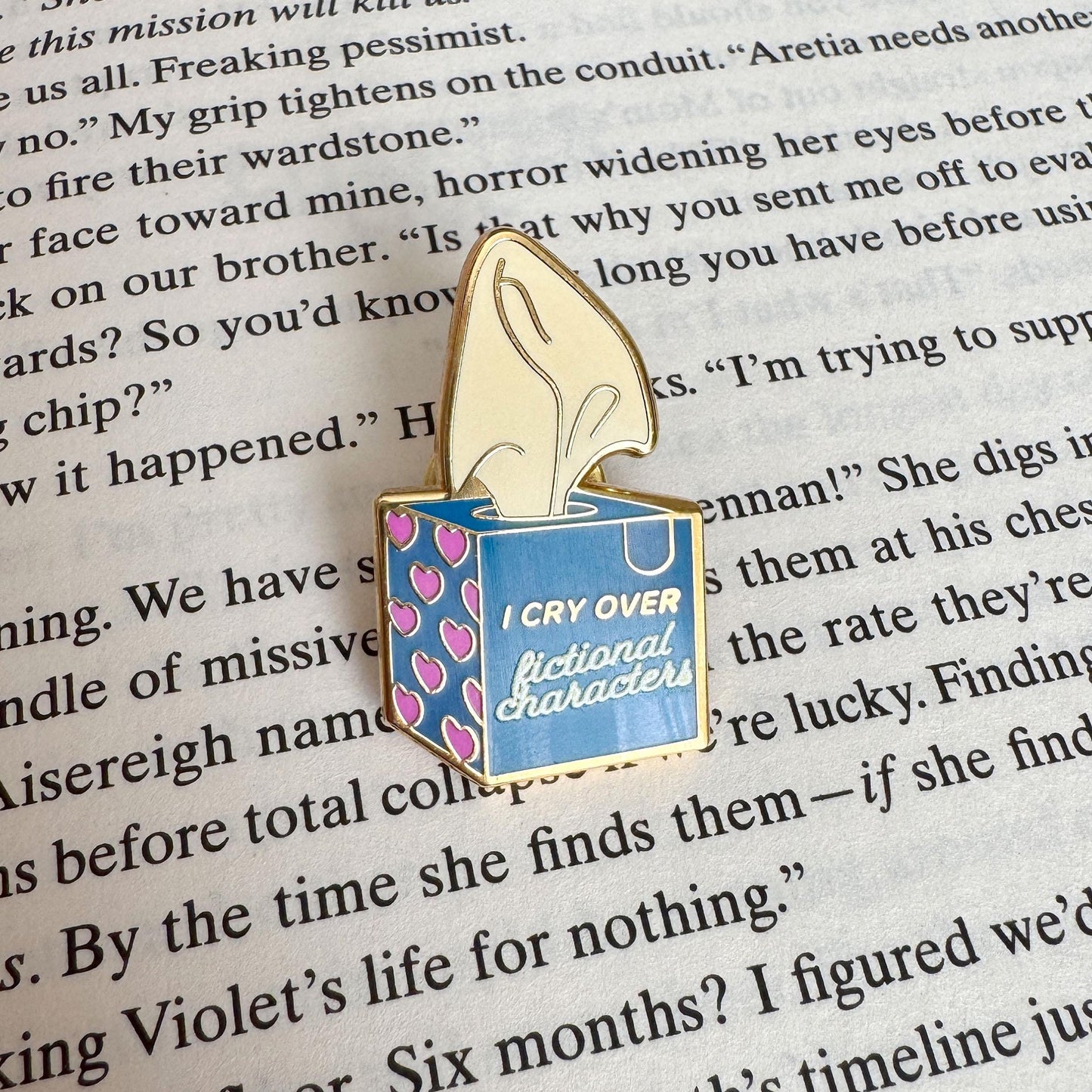 I Cry Over Fictional Characters Enamel Pin – Bookish Pin for Readers, Gift for Book Lovers, Small 1.25 Inch Hard Enamel Pin
