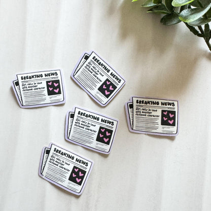 Breaking News Girl Falls In Love With Another Fictional Character Matte Sticker, Cute Book Stickers for Kindle, Bookish Romance Reader